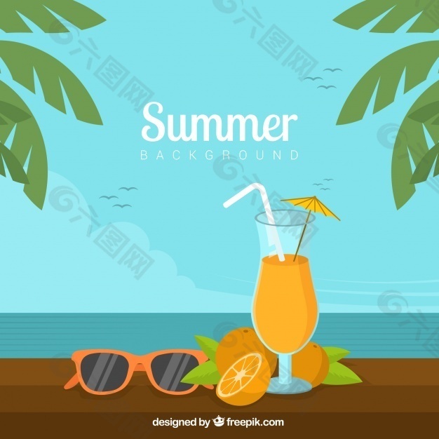 夏日背景，有橘子汁和棕榈树。