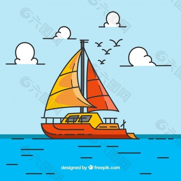 彩色背景船和鸟在平面设计