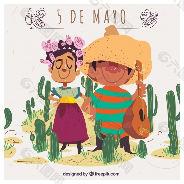 Cinco de Mayo的背景与可爱的墨西哥夫妇和仙人掌