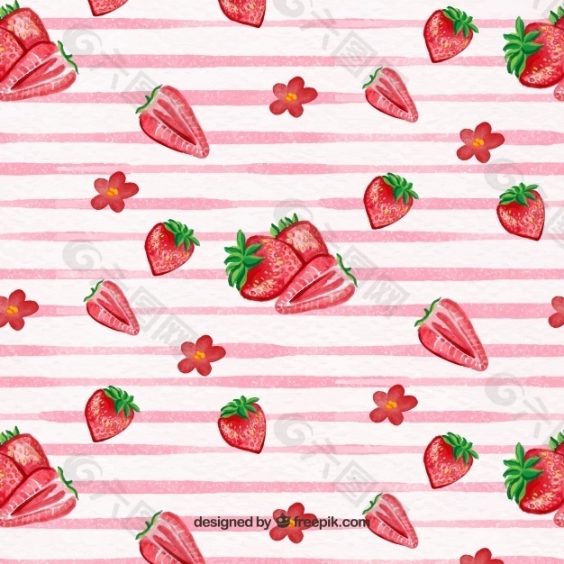 条纹图案和水彩草莓