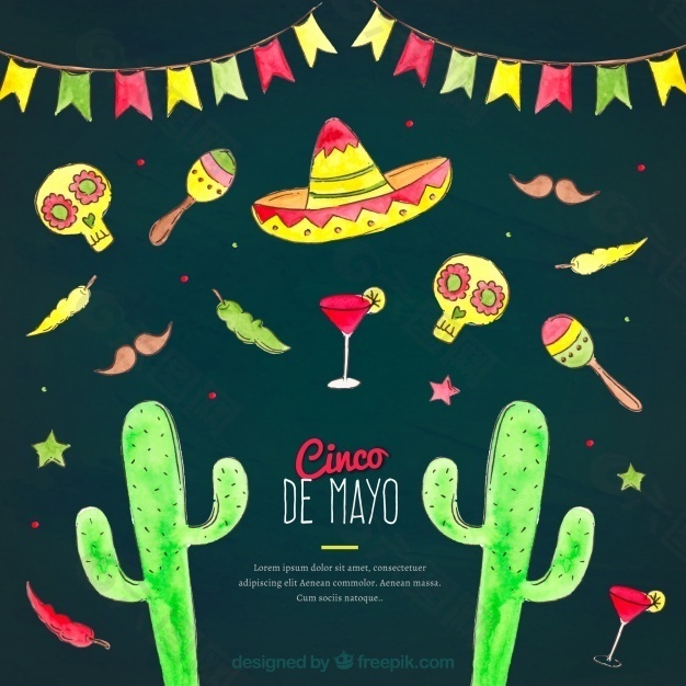 Cinco de Mayo的传统元素的水彩画的背景