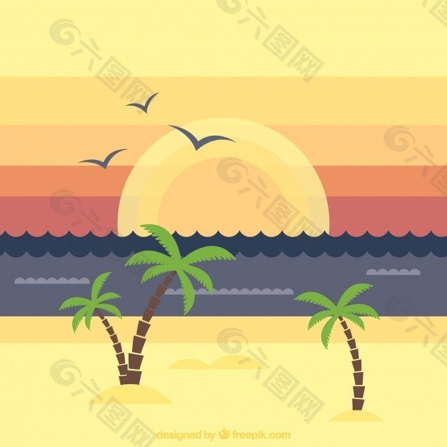 日落时棕榈树的海滩景观背景