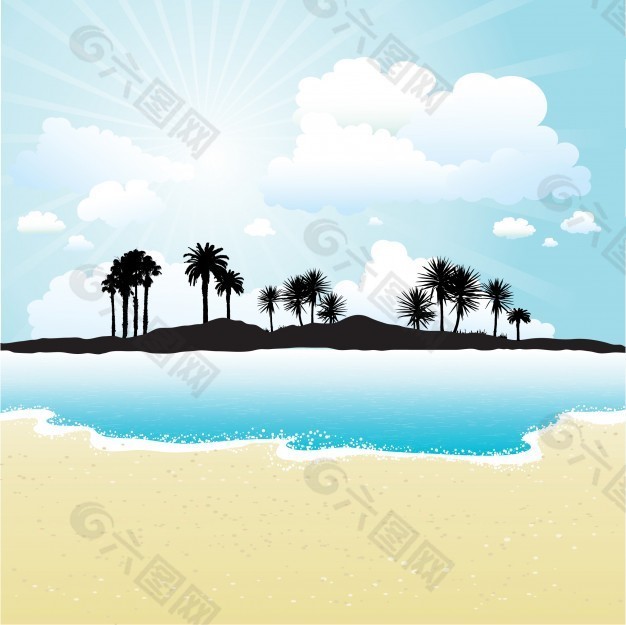 热带岛屿与晴朗的天空和海滩的轮廓