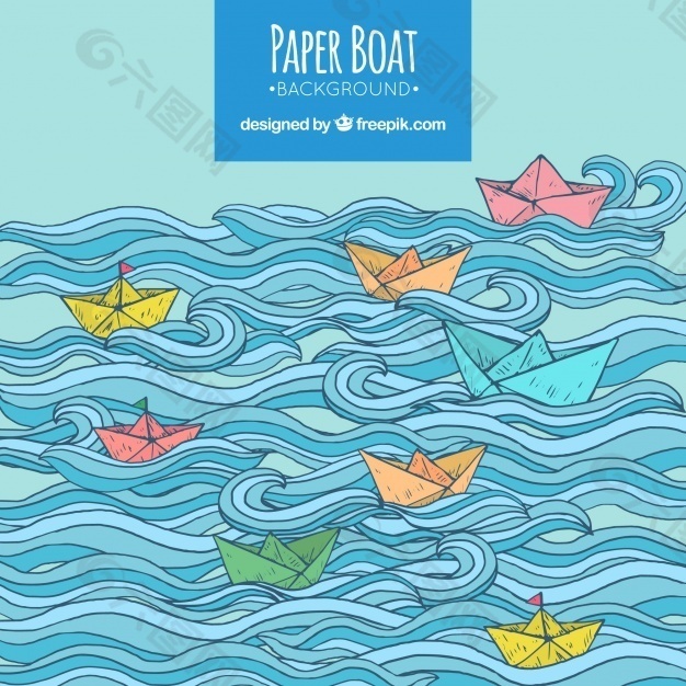波浪起伏的彩色背景和彩色纸船