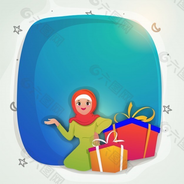 年轻的穆斯林妇女坐在礼品盒旁，为伊斯兰节日庆典设计精美的贺卡。