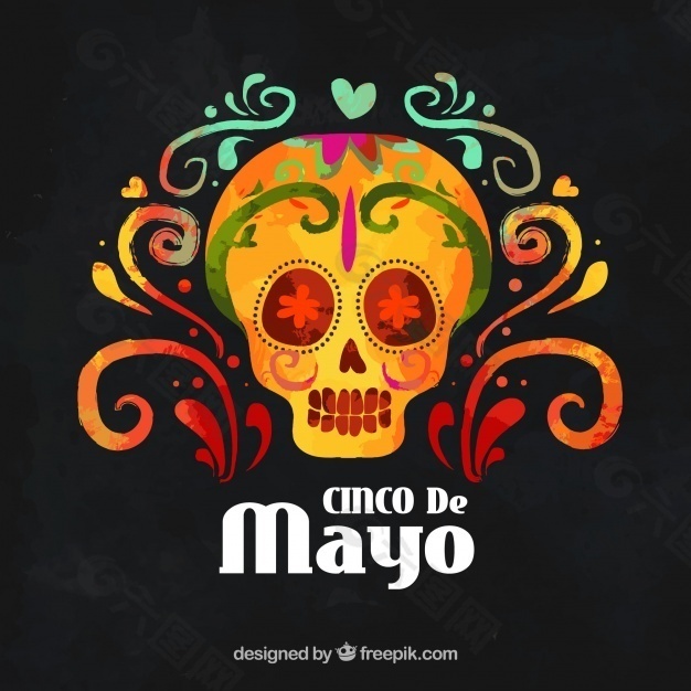 Cinco de Mayo的背景与墨西哥水彩的头骨