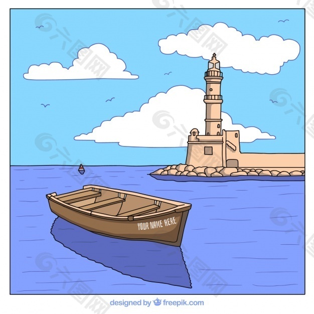 风景背景与手绘船和灯塔