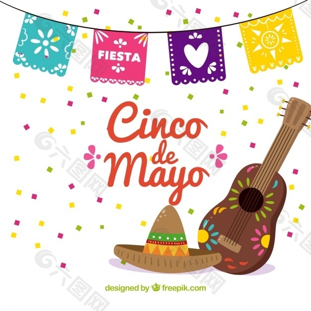 方基金Cinco de Mayo与墨西哥帽子和吉他