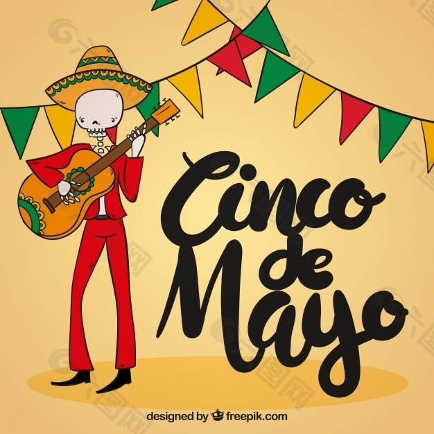 Cinco de Mayo的背景与墨西哥颅骨弹吉他