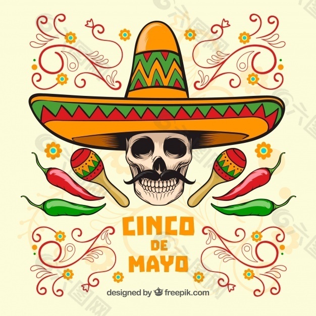 Cinco de mayo的头骨背景和墨西哥帽