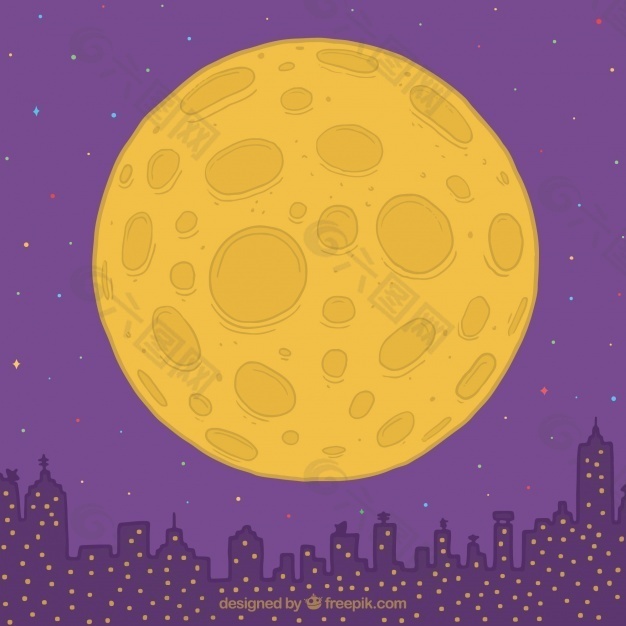 城市背景与手绘月亮