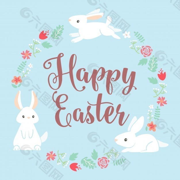 复活节快乐兔子和花卉框架