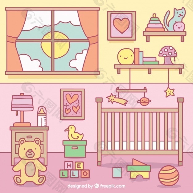 彩色婴儿房玩具和婴儿床