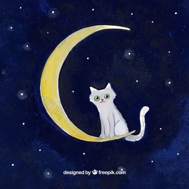 水彩背景猫在月球上