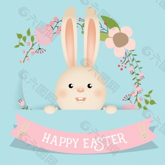 漂亮的复活节兔子带丝带和鲜花