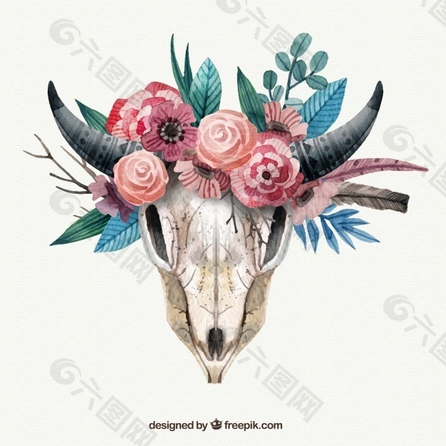 动物头骨与水彩画风格的花朵