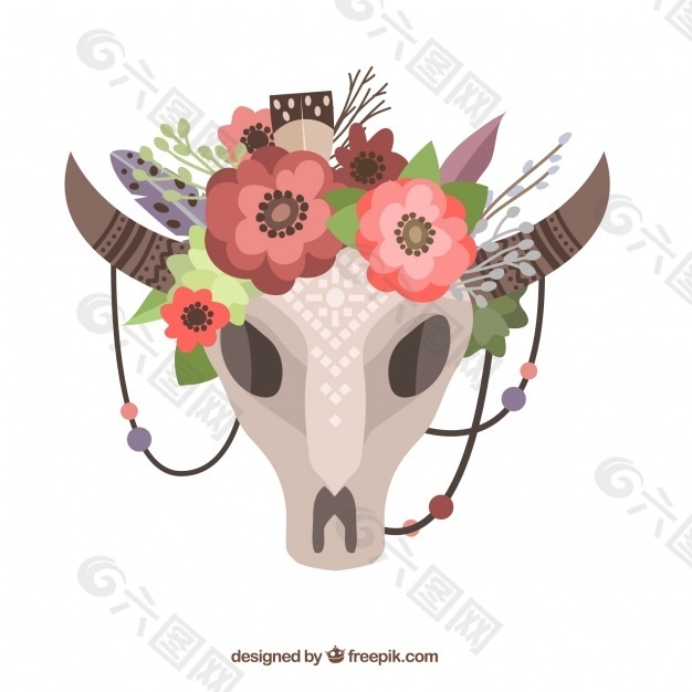 在波希米亚风格的花卉动物的头骨