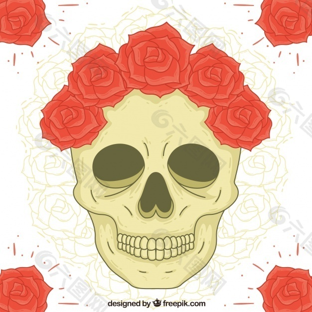 手绘骷髅玫瑰背景与花卉
