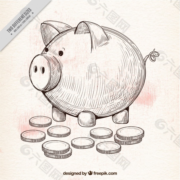 手绘背景的存钱罐和硬币