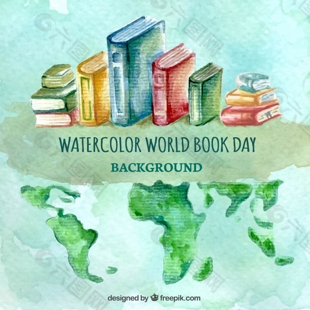 水彩背景与书籍和世界地图