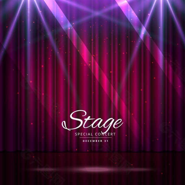 舞台上有红色的窗帘和紫色的灯光