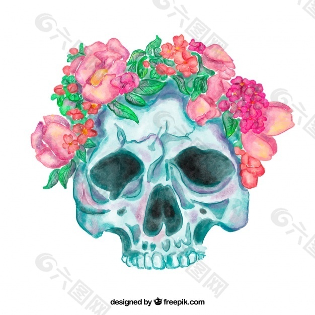 伟大的头骨与水彩花卉粉红色的色调