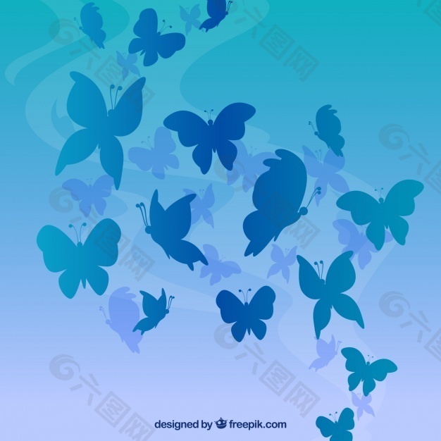 蓝色背景，蓝色的蝴蝶剪影