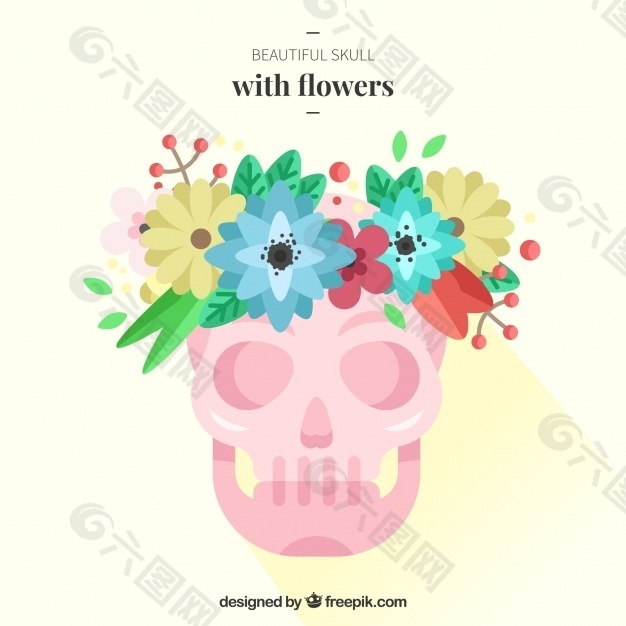 头骨背景有五颜六色的花