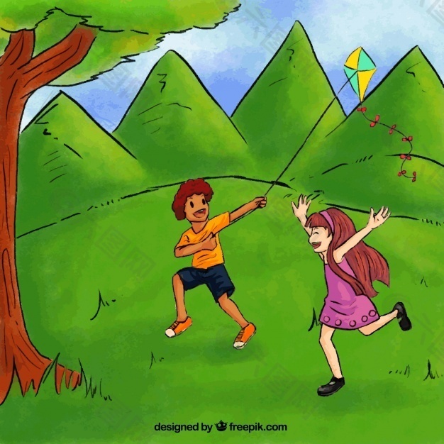快乐的孩子们在公园里玩风筝。