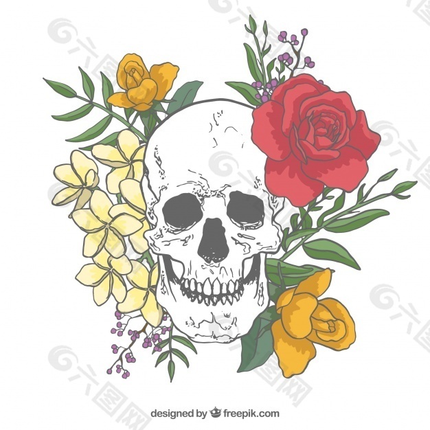 头骨背景玫瑰和手工绘制的叶子