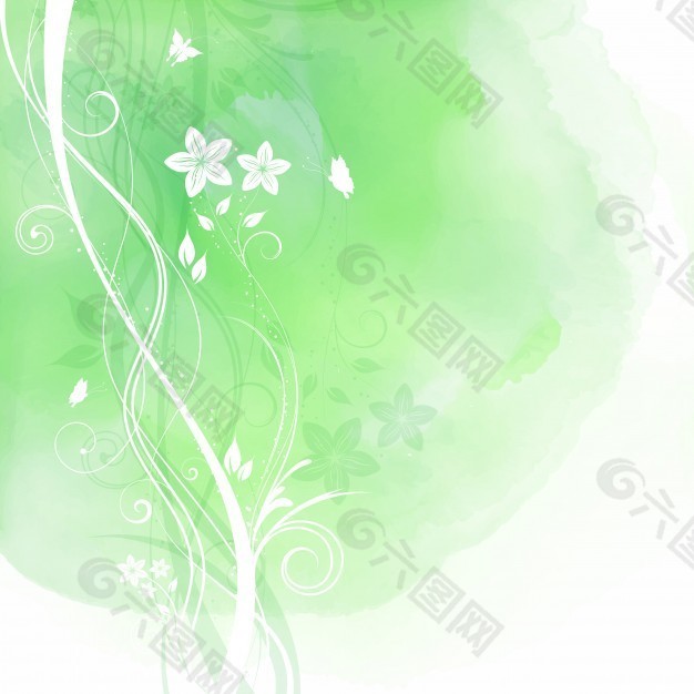 带有花卉元素的绿色水彩画