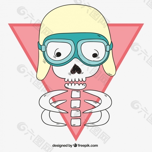 头骨背景戴头盔和手拉眼镜