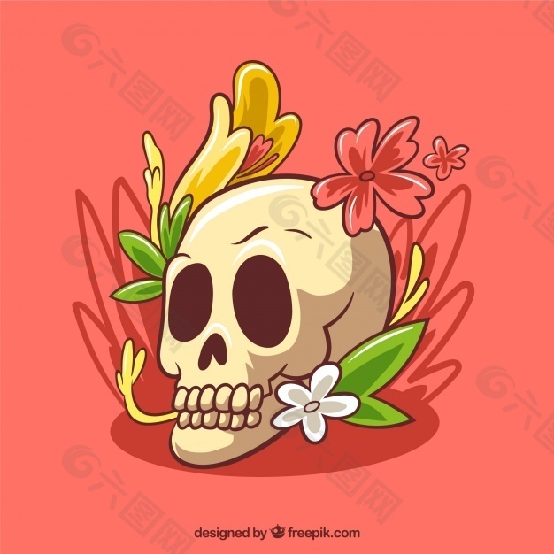 头骨背景用手工绘制的花朵