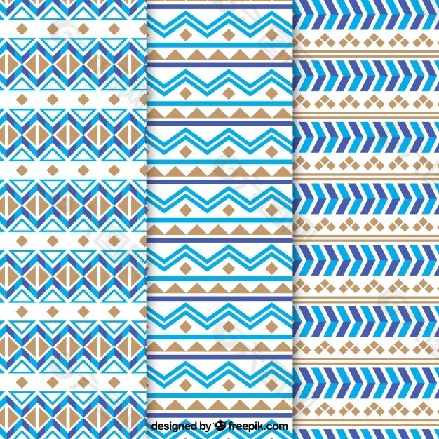 蓝色和棕色形式的民族图案的扁平收藏