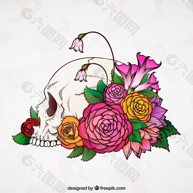 头骨背景与手绘五颜六色的花朵