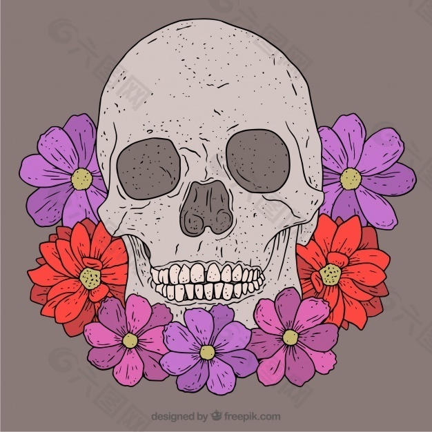 伟大的头骨，紫色和红色的手绘风格的花朵