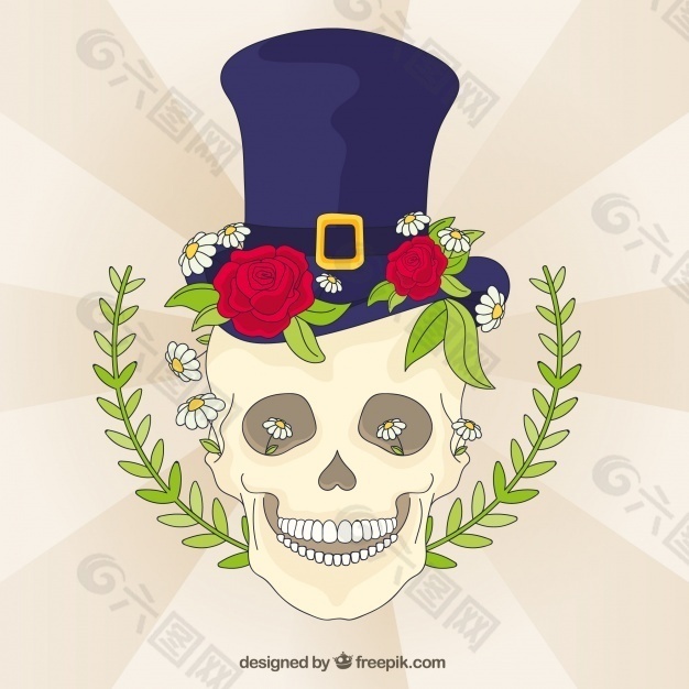 头骨背景与帽子和花卉元素