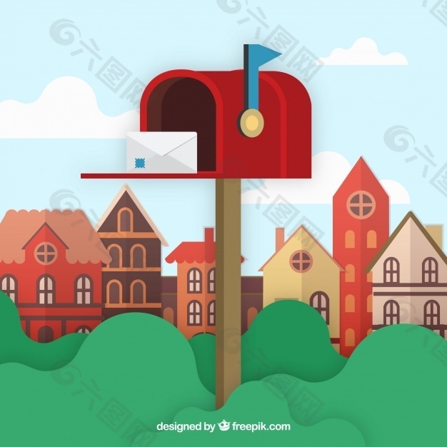 红色邮箱和信封的城市背景