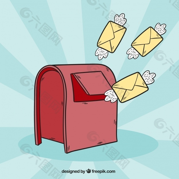 红色邮箱背景和带有手绘翅膀的信封