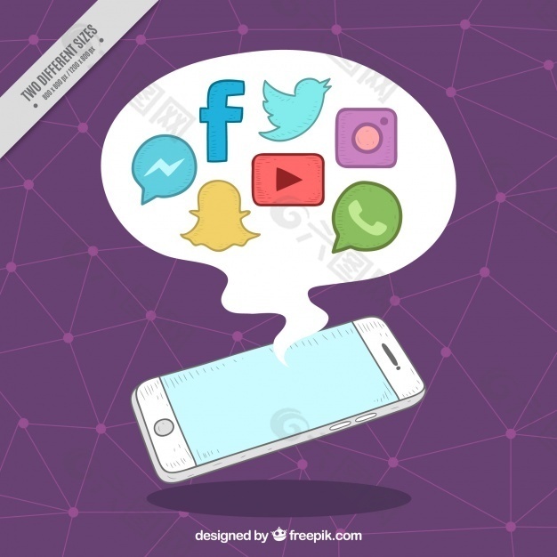 紫色背景与手机和社交网络图标