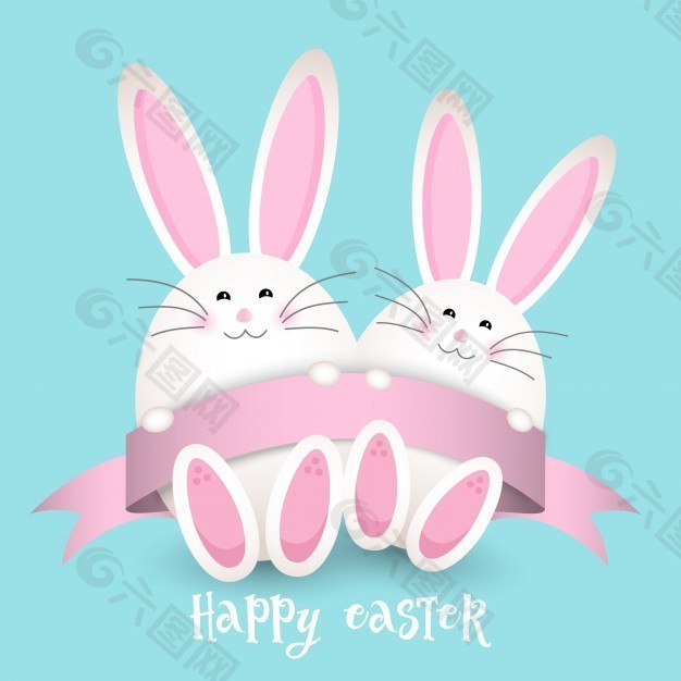 复活节背景：两只兔子和一条丝带