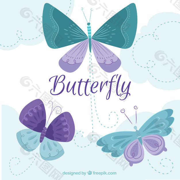 大背景绿色和紫色蝴蝶在平面设计