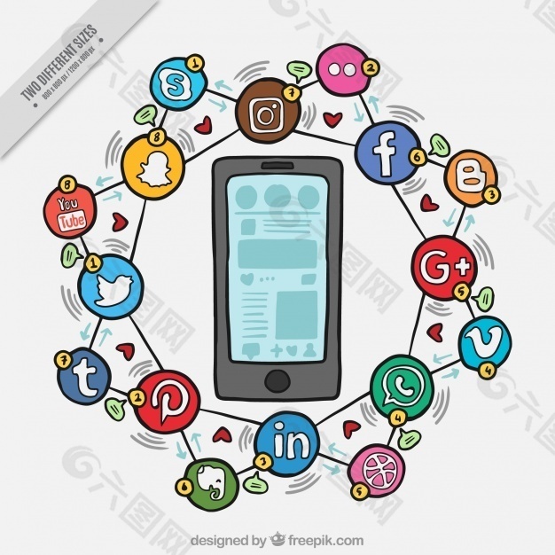 移动草图背景和社交网络图标