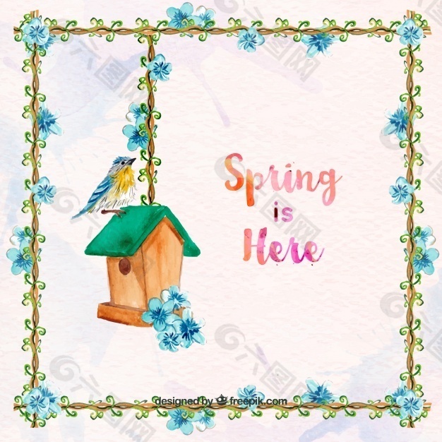 春天背景与花卉框架和鸟与木屋
