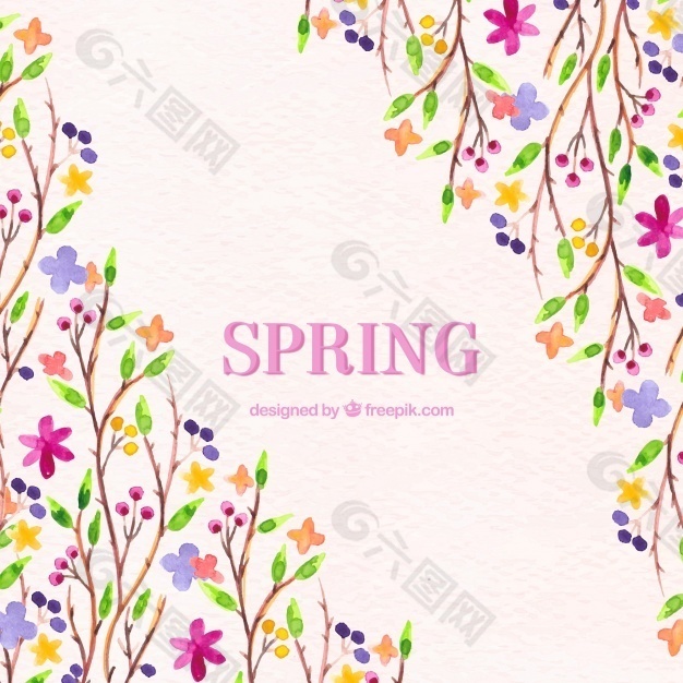 春天的背景与水彩花卉装饰