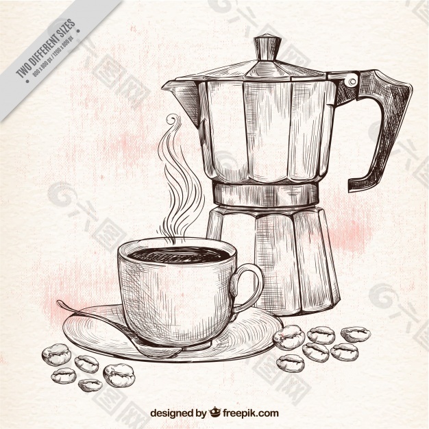 咖啡壶和杯子素描背景