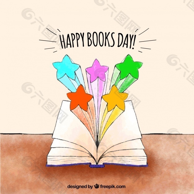 世界图书日背景与开放图书和彩色明星