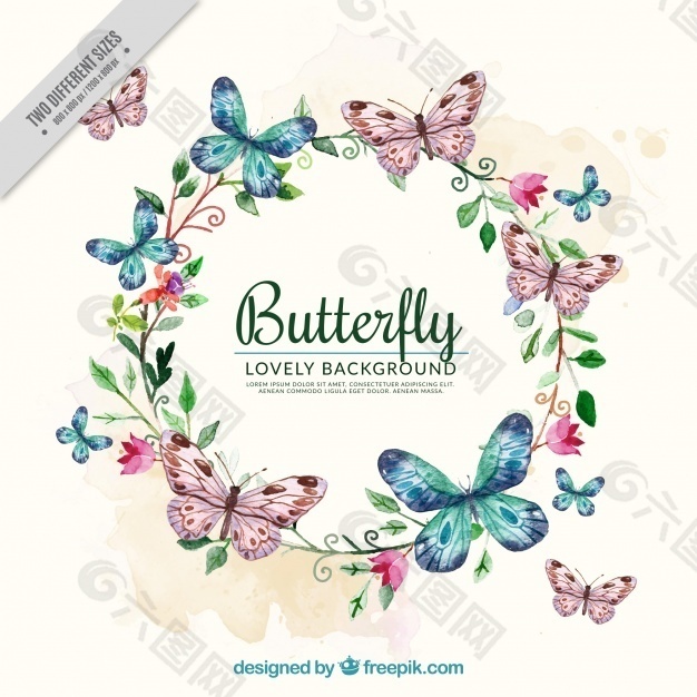 水彩背景花卉花环和蝴蝶