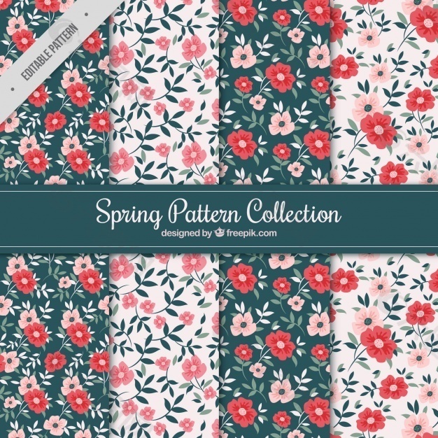 红色花朵和粉色花朵的春天图案