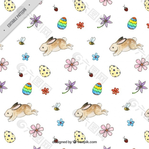 复活节图案与兔子和鸡蛋的水彩画风格